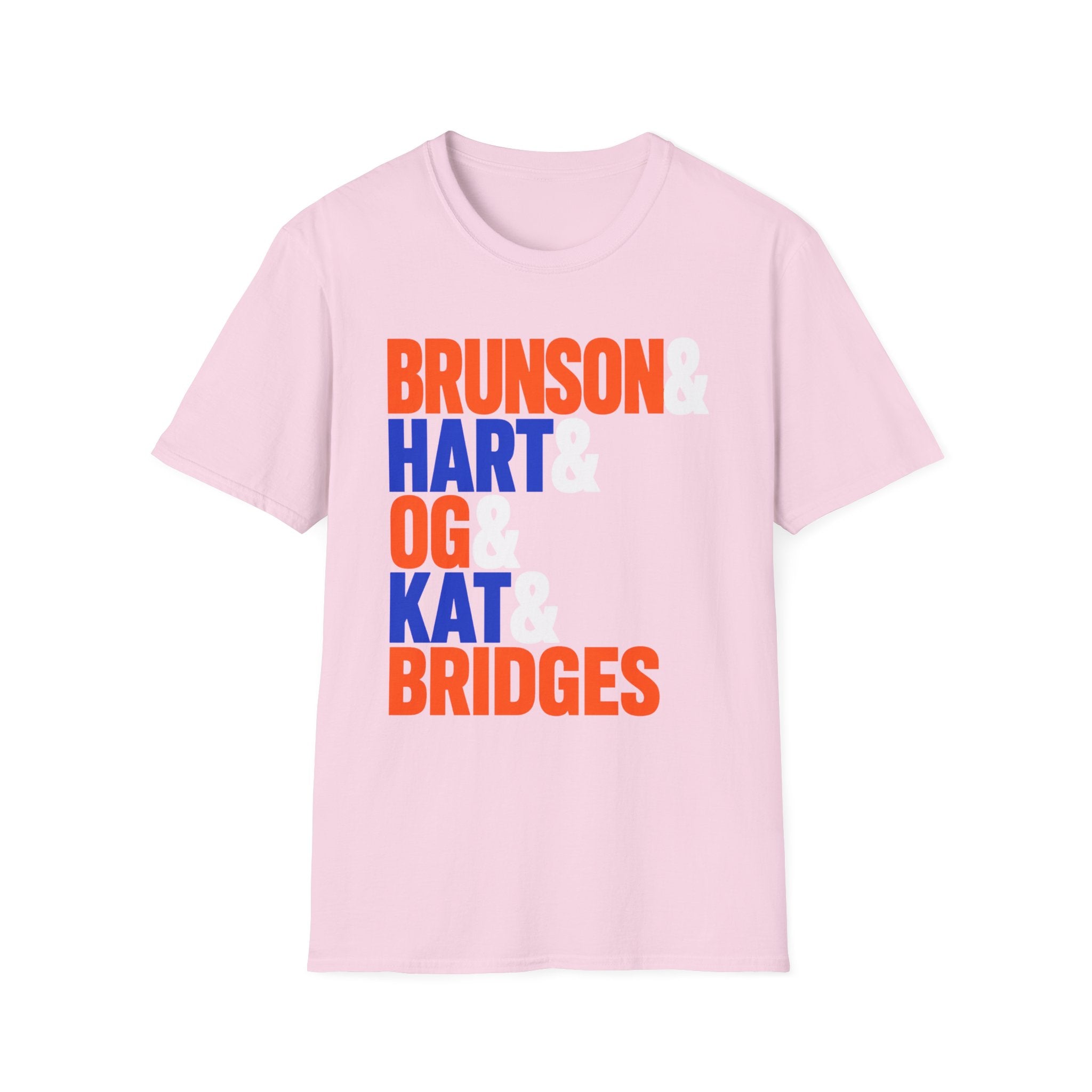 Light pink NYK Friends New York basketball tee, front view