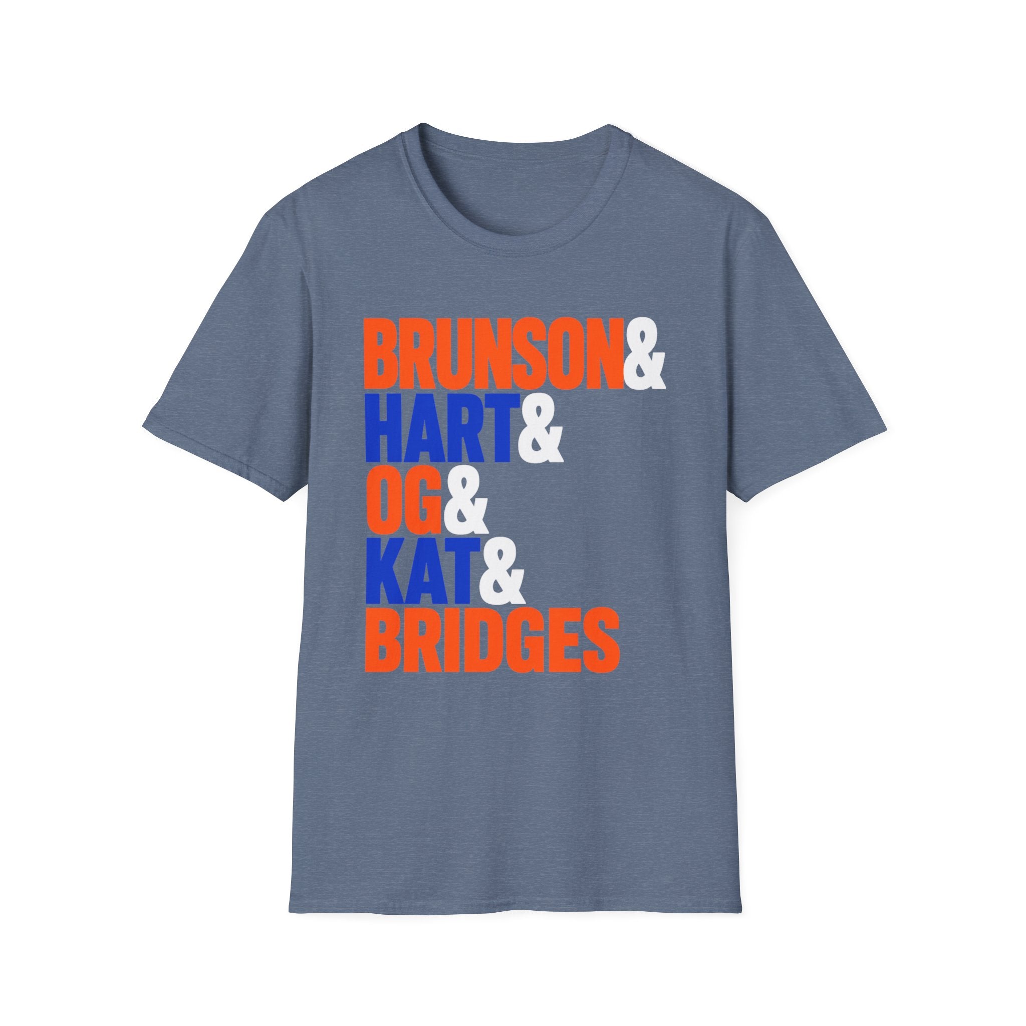 Heather indigo NYK Friends New York basketball tee, front view